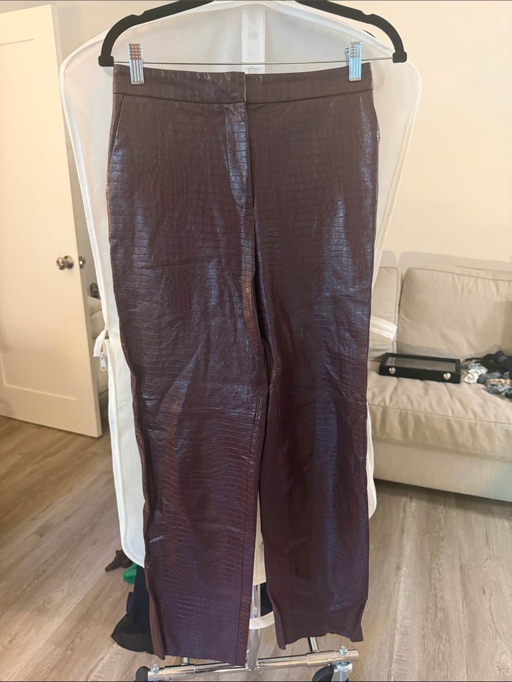Zara Faux Croc Straight-Leg Pants - Burgundy